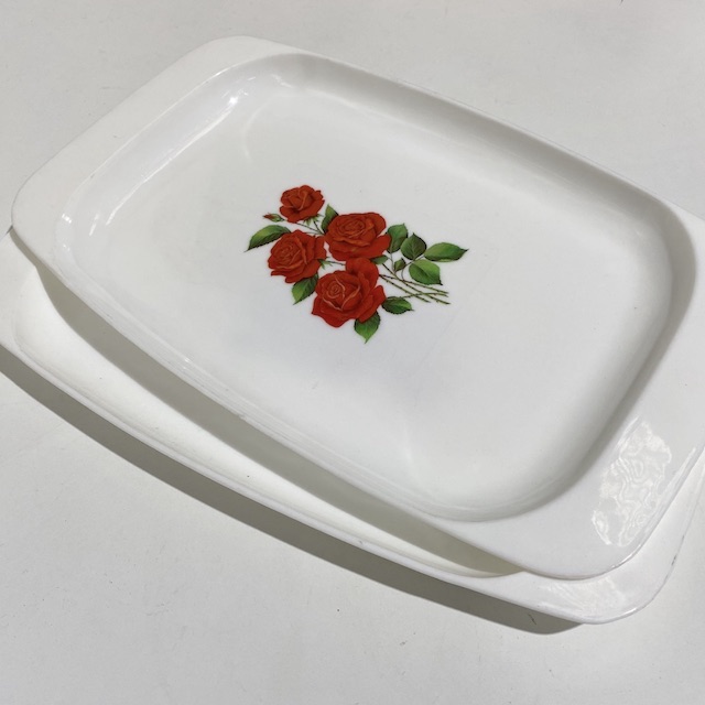 PLATTER, 1950s White Melamine Tray w Red Roses